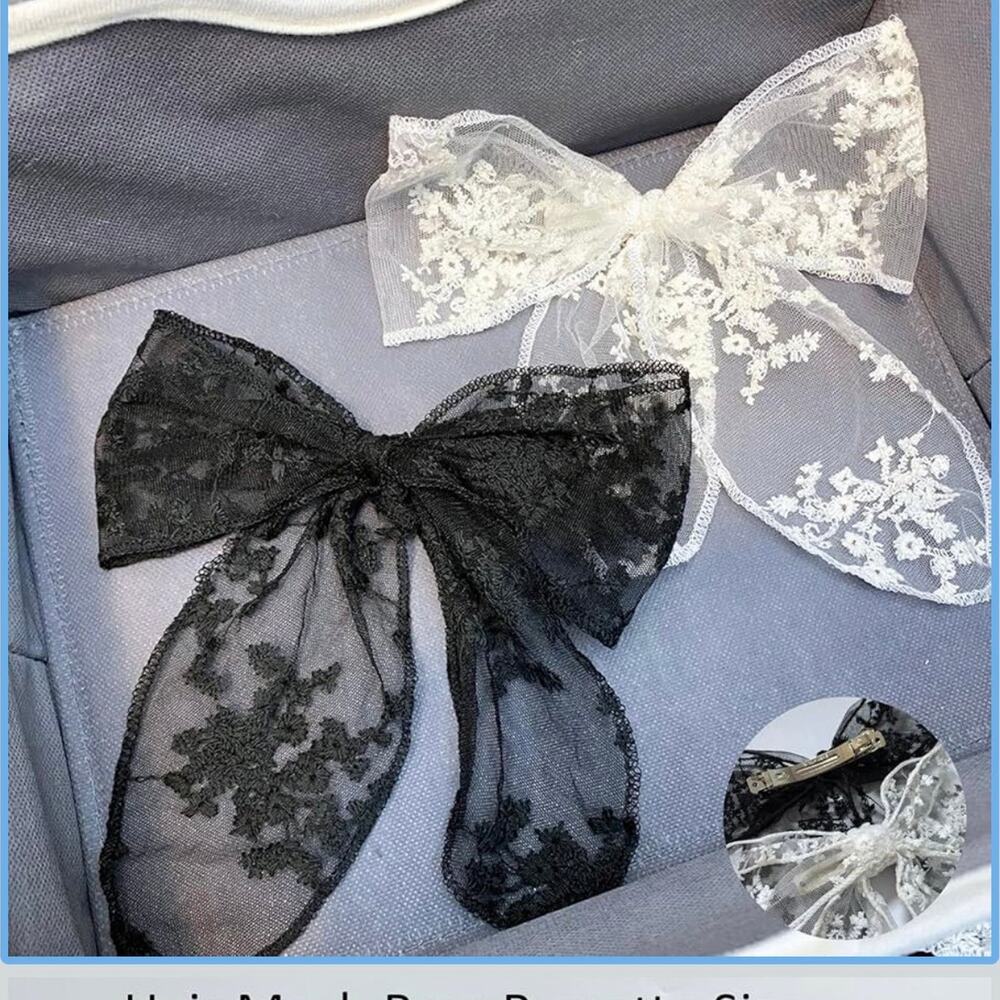 Two Large Translucent Lace Barrette Drape Hair Bows
